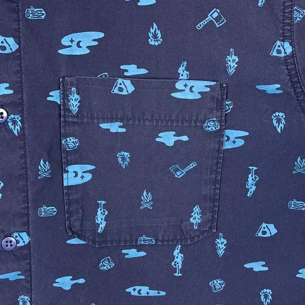 North Face Camp Shirt Mens XXL Blue Baytrail Tent Tree Axe AOP Outdoor Preppy